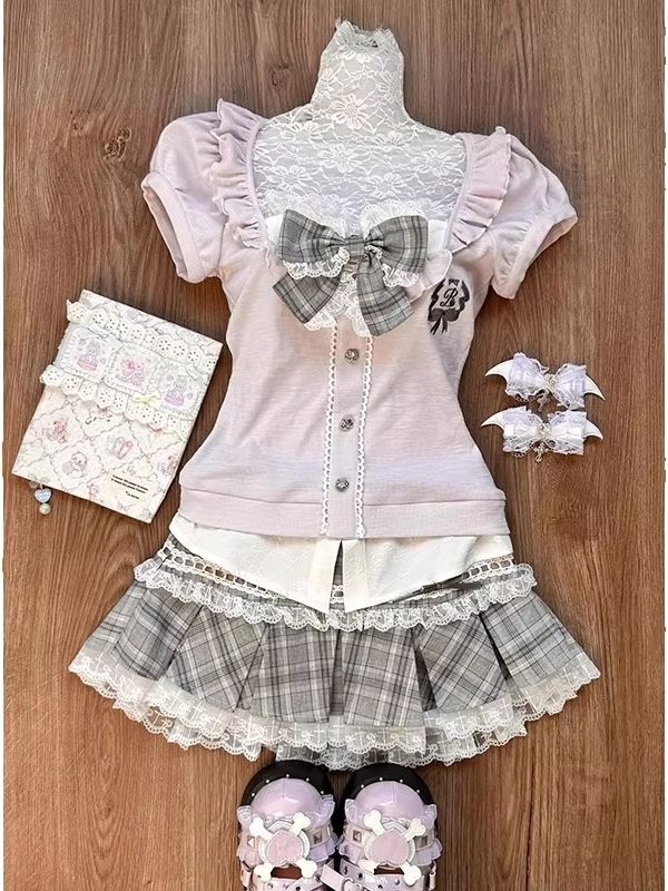 Summer Short Set - Rosa Spitzen-Patchwork-Oberteil für Damen mit großer
