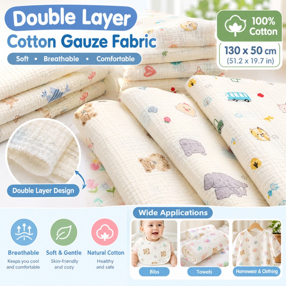 Baby Clothing Layers - 130x50 cm Baumwoll-Doppelschicht-Mullstoff mit bedrucktem Kreppmuster,